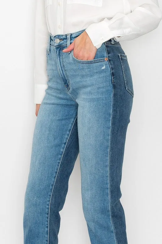 PLUS SIZE - HIGH RISE TWO-TONE STRAIGHT JEANS