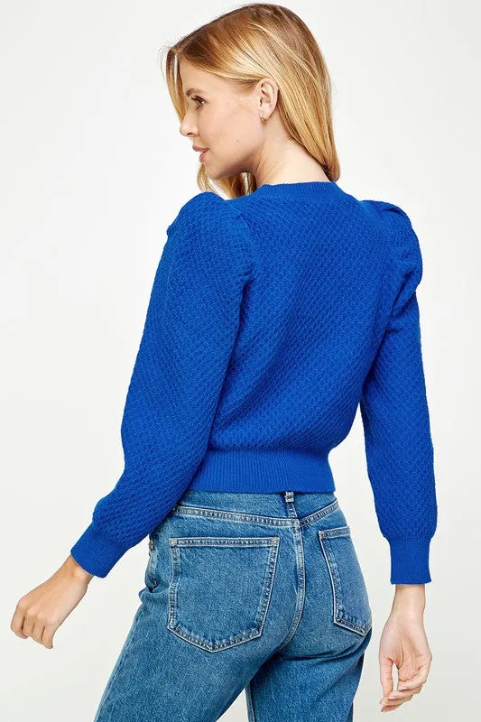 Puff Sleeve Diamond Design Textured Sweater
