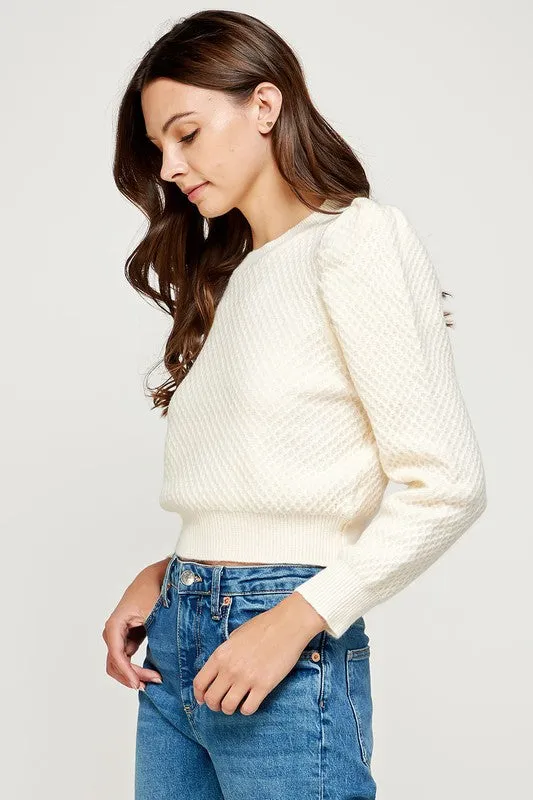 Puff Sleeve Diamond Design Textured Sweater