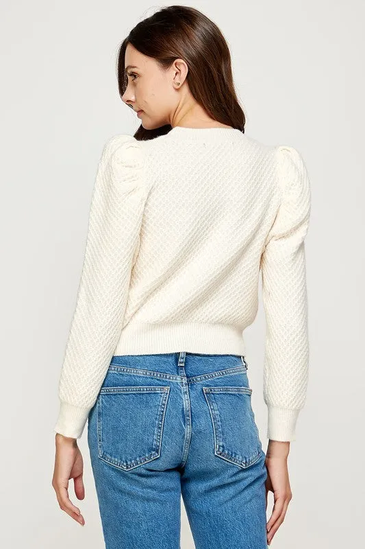 Puff Sleeve Diamond Design Textured Sweater