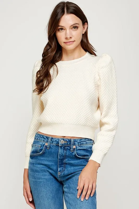 Puff Sleeve Diamond Design Textured Sweater