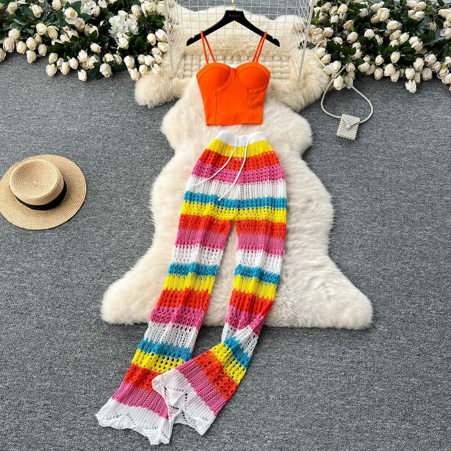 Pure and Elegant Style Spaghetti Strap Bustier   Hollow Crochet High-Waist Slimming Colorful Striped Knit Pants Summer Set for Women