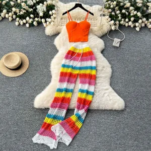 Pure and Elegant Style Spaghetti Strap Bustier   Hollow Crochet High-Waist Slimming Colorful Striped Knit Pants Summer Set for Women