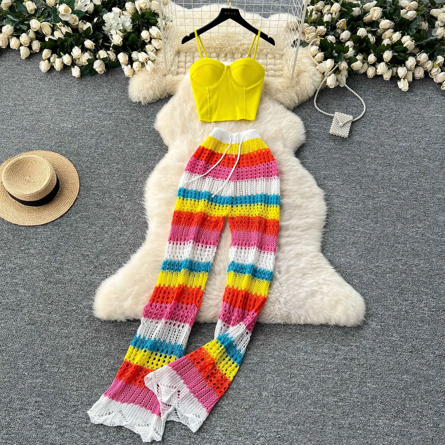 Pure and Elegant Style Spaghetti Strap Bustier   Hollow Crochet High-Waist Slimming Colorful Striped Knit Pants Summer Set for Women