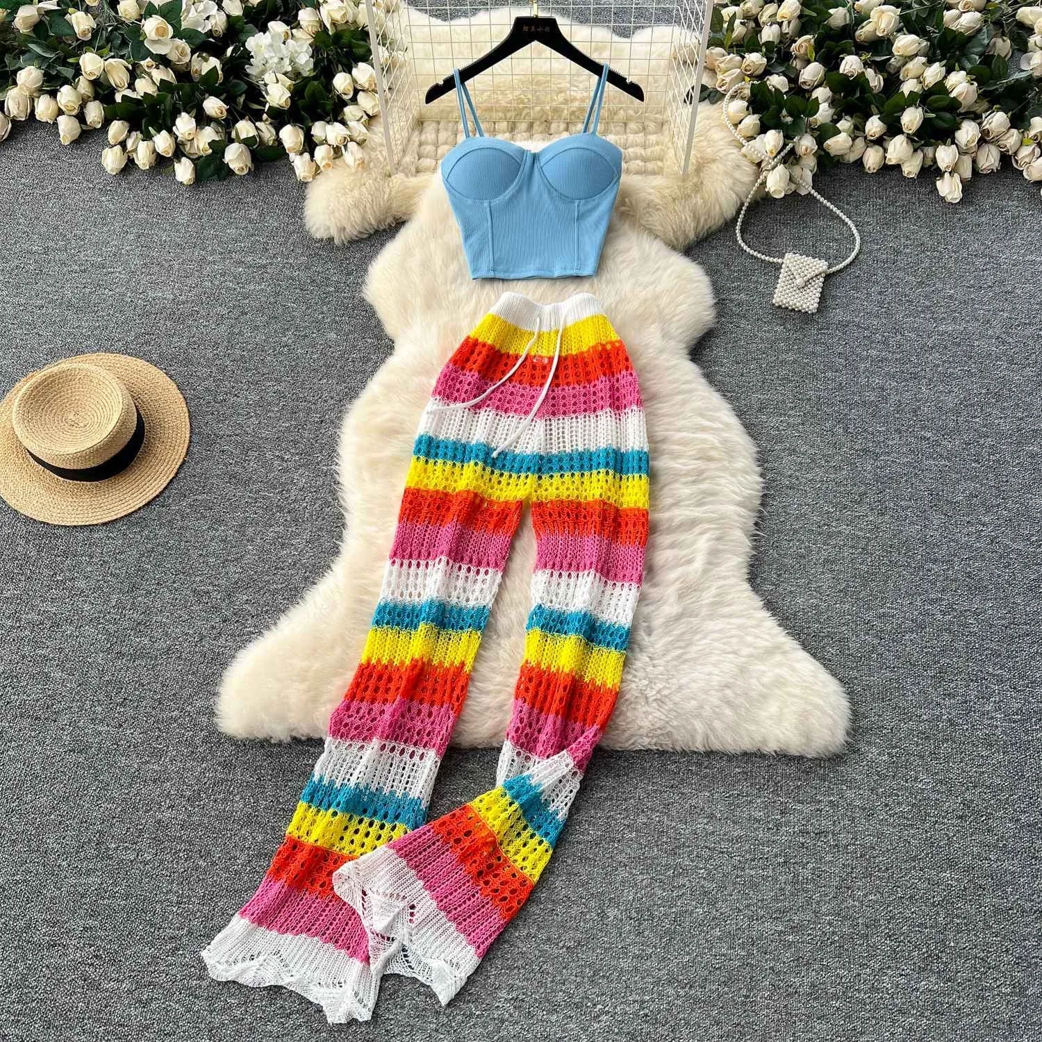 Pure and Elegant Style Spaghetti Strap Bustier   Hollow Crochet High-Waist Slimming Colorful Striped Knit Pants Summer Set for Women