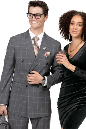 "Double Breasted Men's Suit in Charcoal Grey Windowpane Plaid - Classic Pleated Pants"