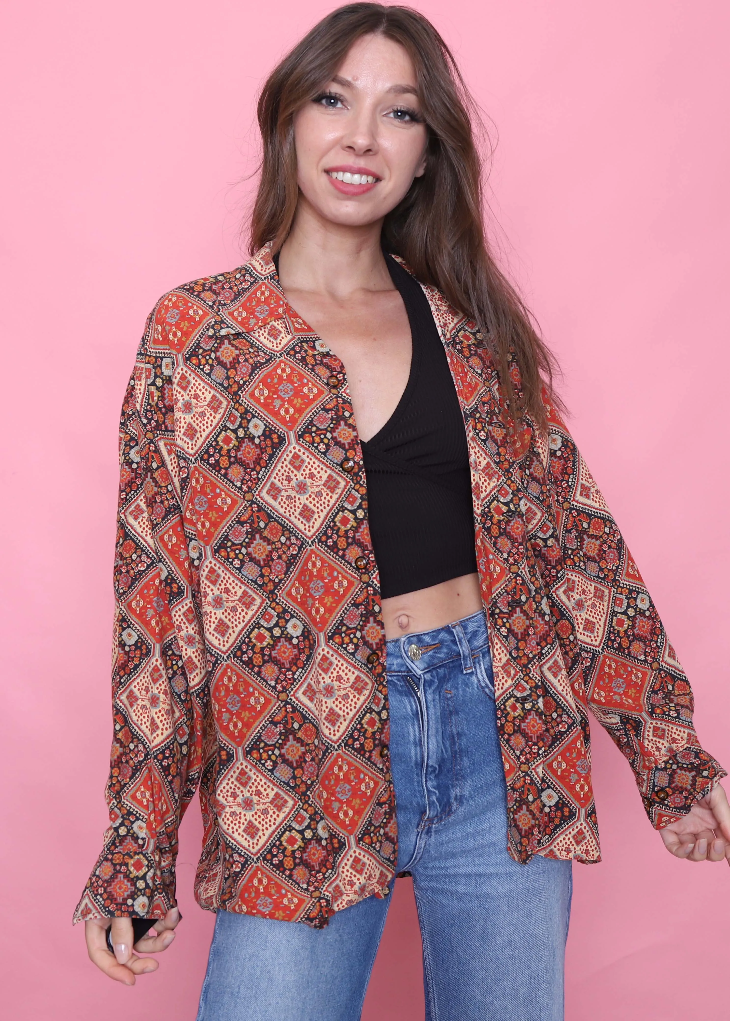 Retro Patterned Long Sleeve Blouse