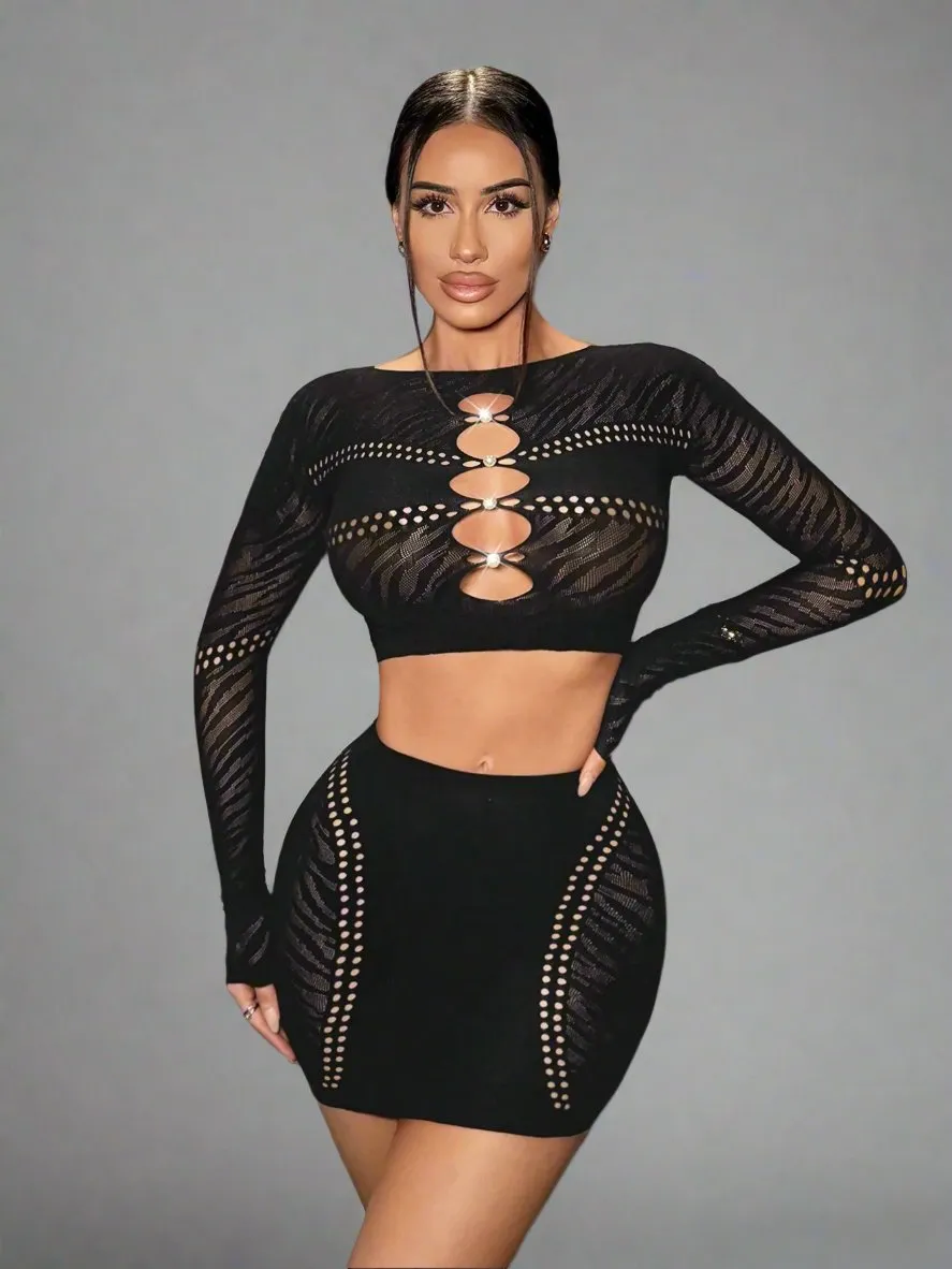 Rhinestone Embellished Cut Out Crop Top Mini Skirt Set