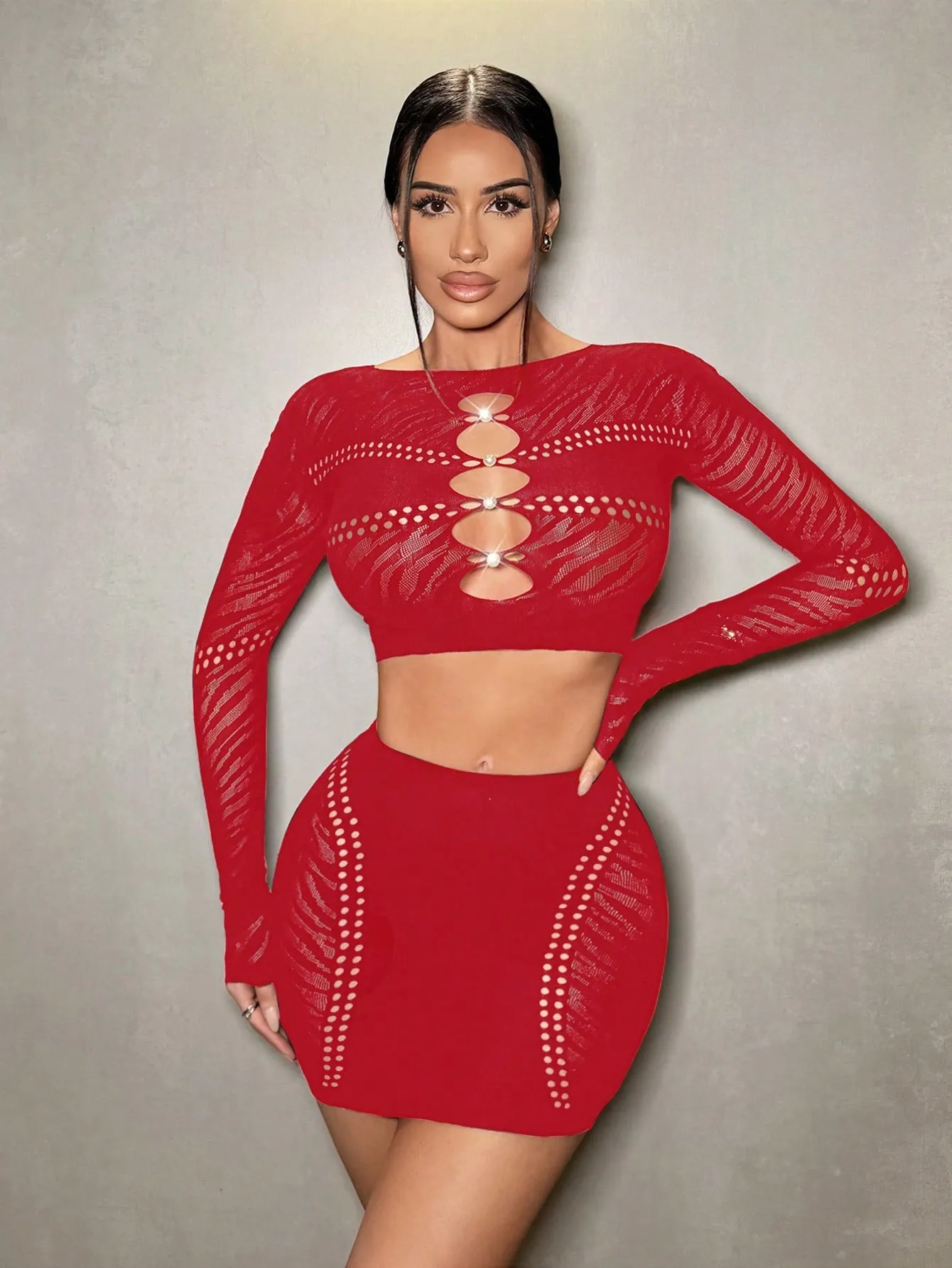 Rhinestone Embellished Cut Out Crop Top Mini Skirt Set