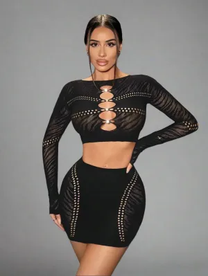 Rhinestone Embellished Cut Out Crop Top Mini Skirt Set