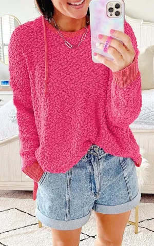 Rose Loose Popcorn Textured Hooded Sweater