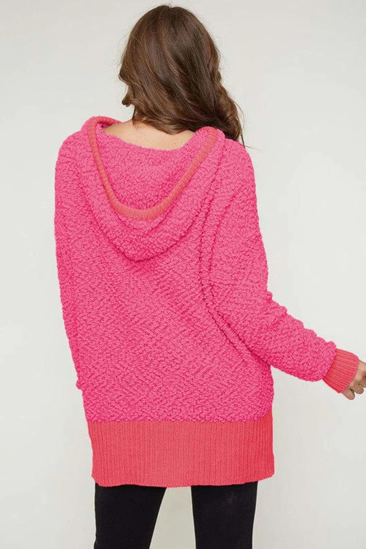 Rose Loose Popcorn Textured Hooded Sweater