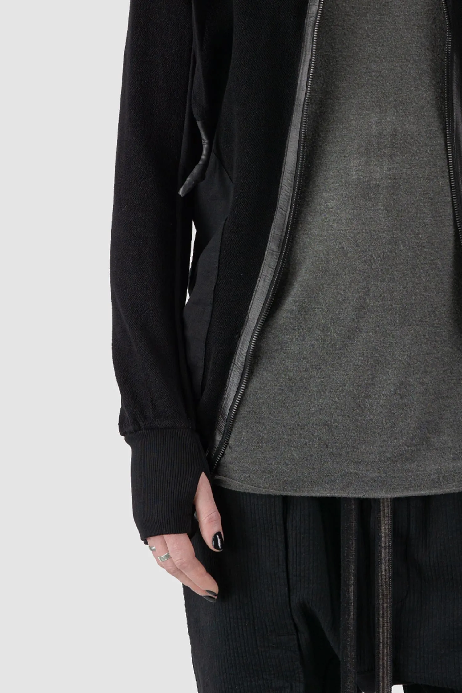 Textured Cotton Leather Trimmed Hoodie Zip Sweater