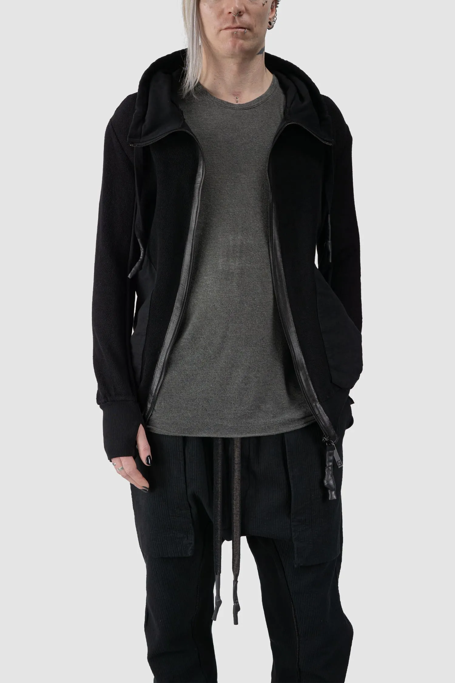 Textured Cotton Leather Trimmed Hoodie Zip Sweater
