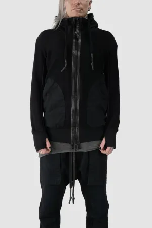 Textured Cotton Leather Trimmed Hoodie Zip Sweater