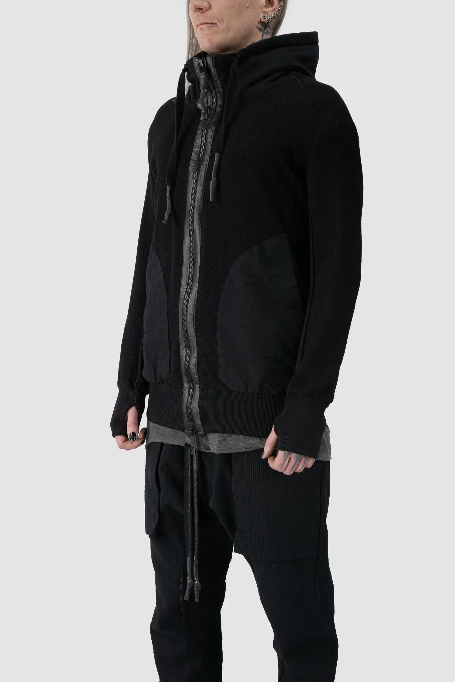 Textured Cotton Leather Trimmed Hoodie Zip Sweater