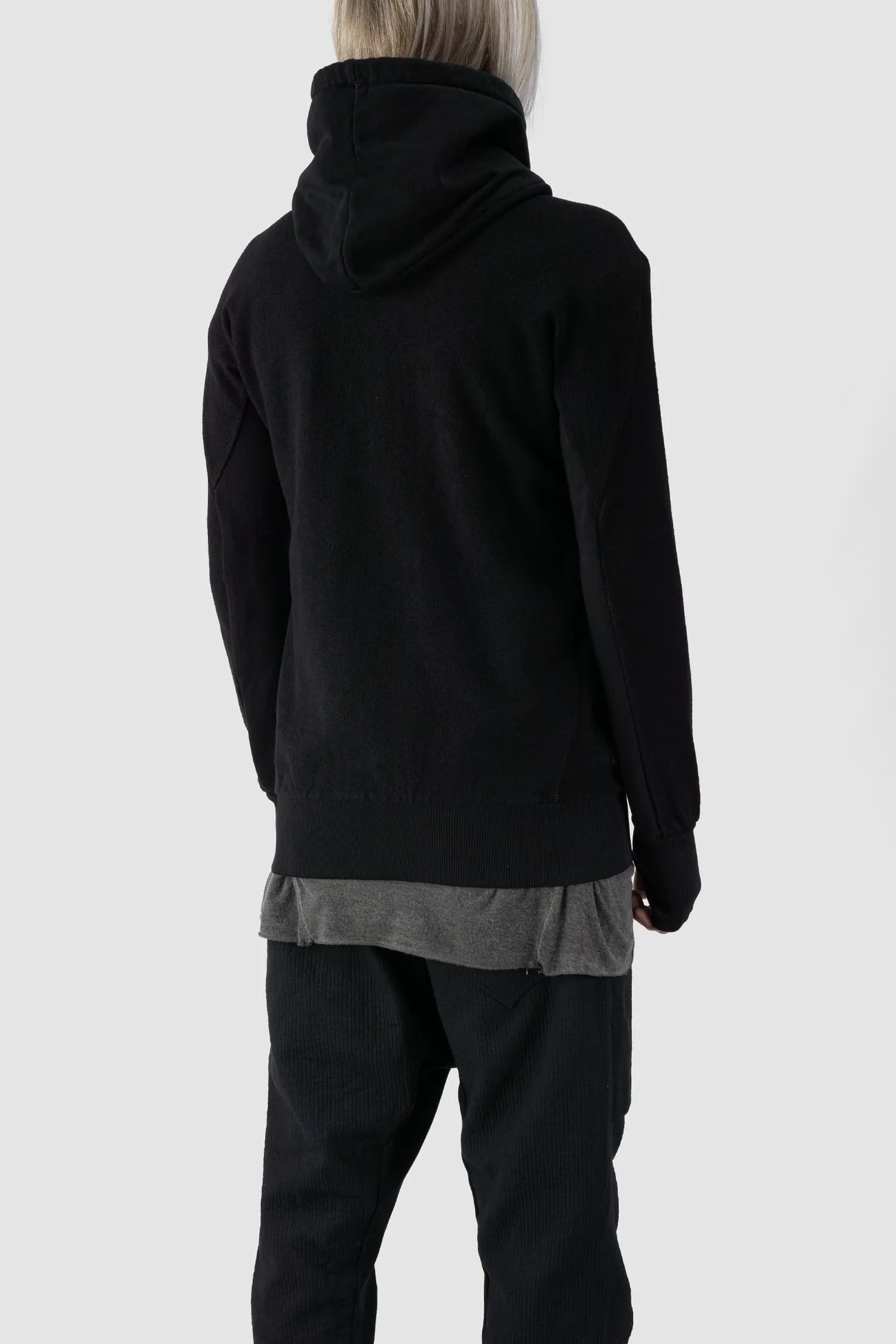 Textured Cotton Leather Trimmed Hoodie Zip Sweater