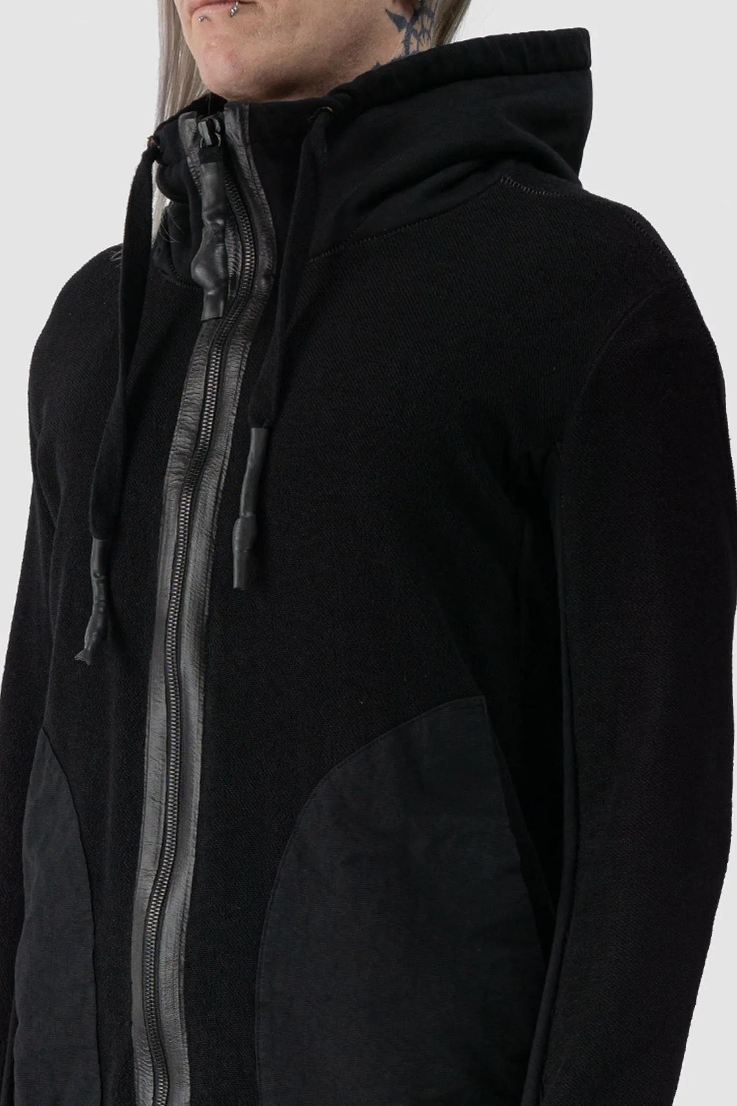 Textured Cotton Leather Trimmed Hoodie Zip Sweater