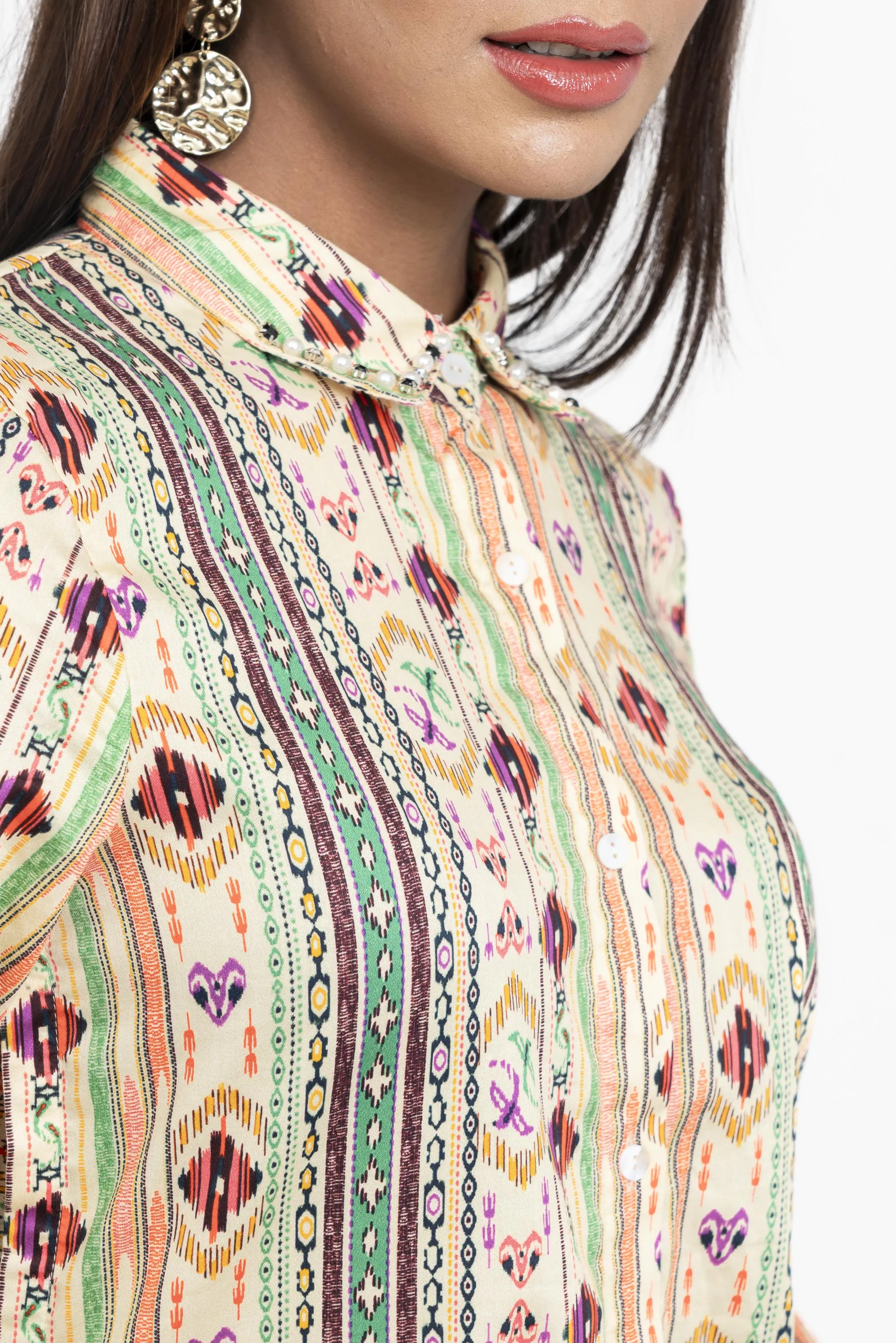 Tribal-Printed Long Shirt - Mystika