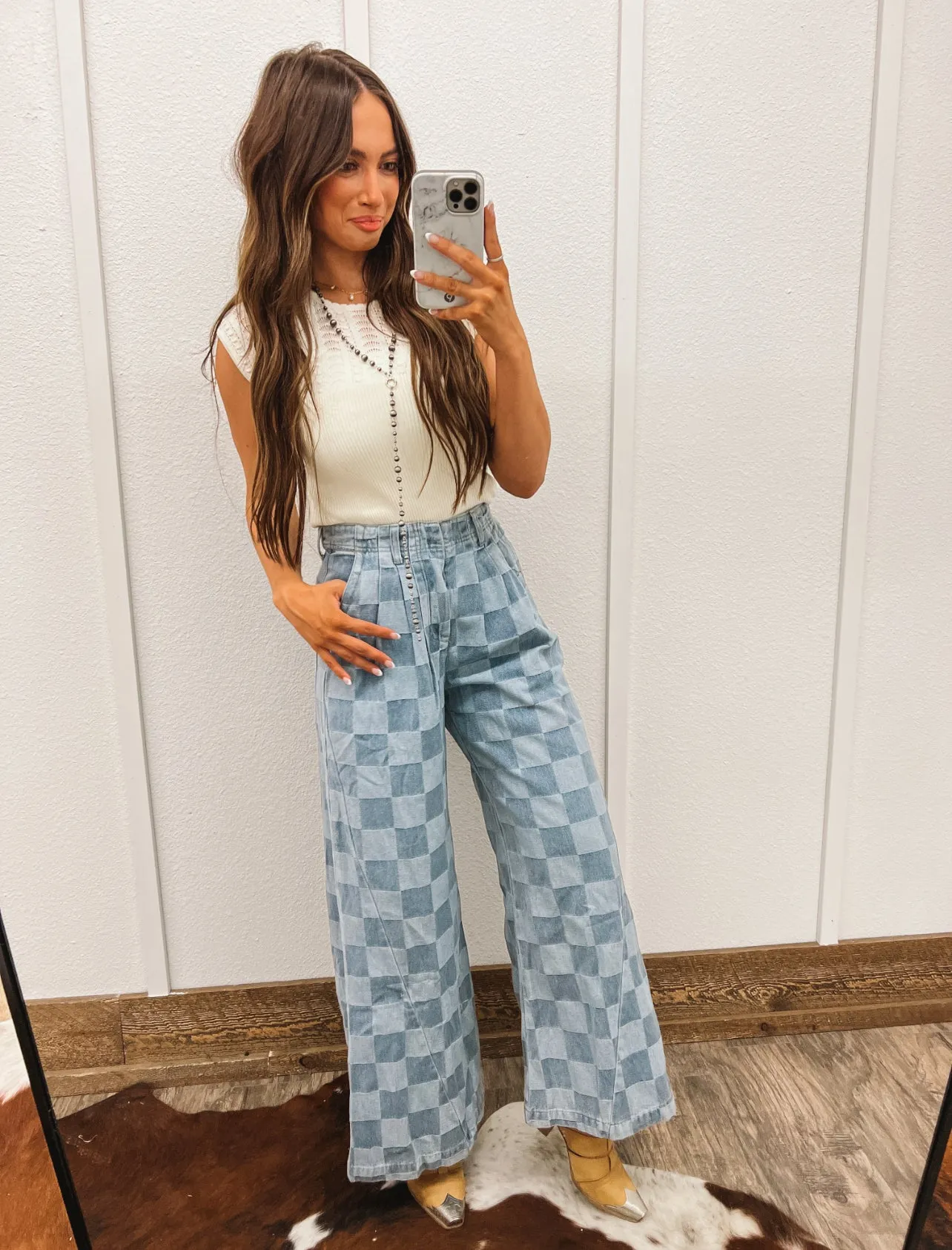 Two Tone Washed Checkered Wide Pants