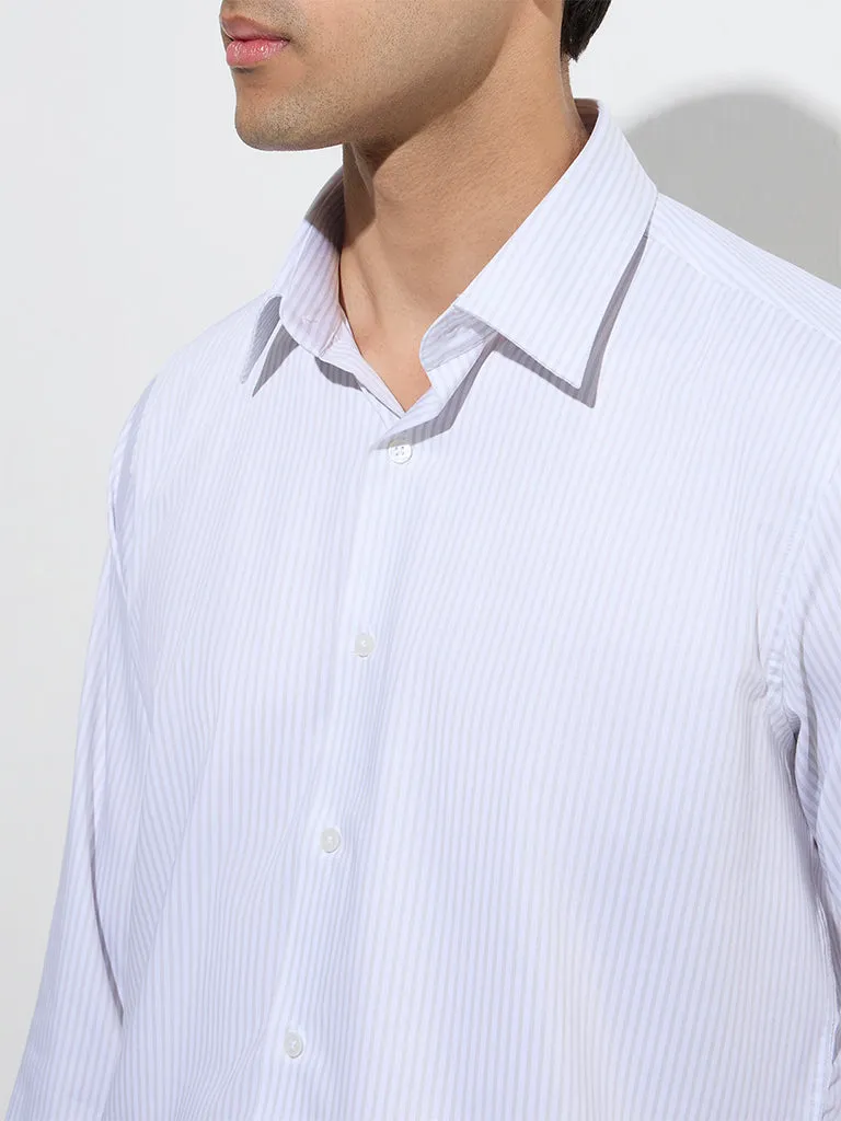 WES Formals Beige Stripe Patterned Slim-Fit Cotton Shirt