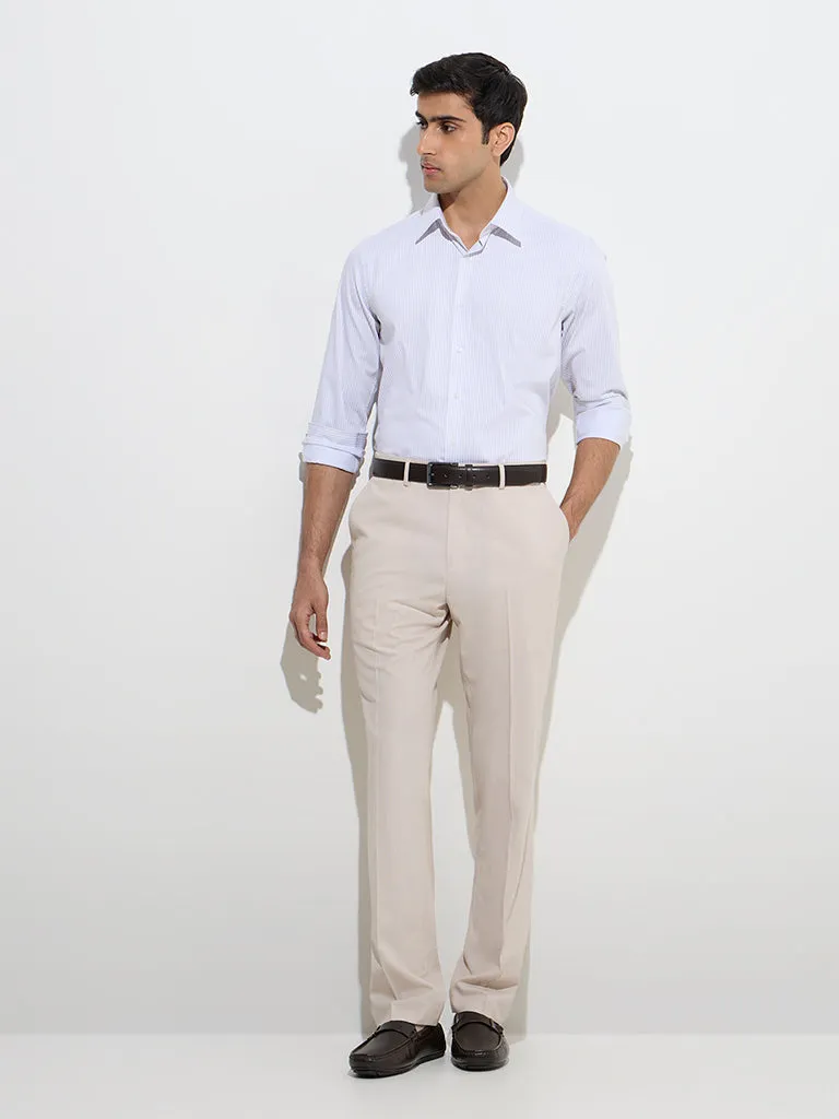 WES Formals Beige Stripe Patterned Slim-Fit Cotton Shirt