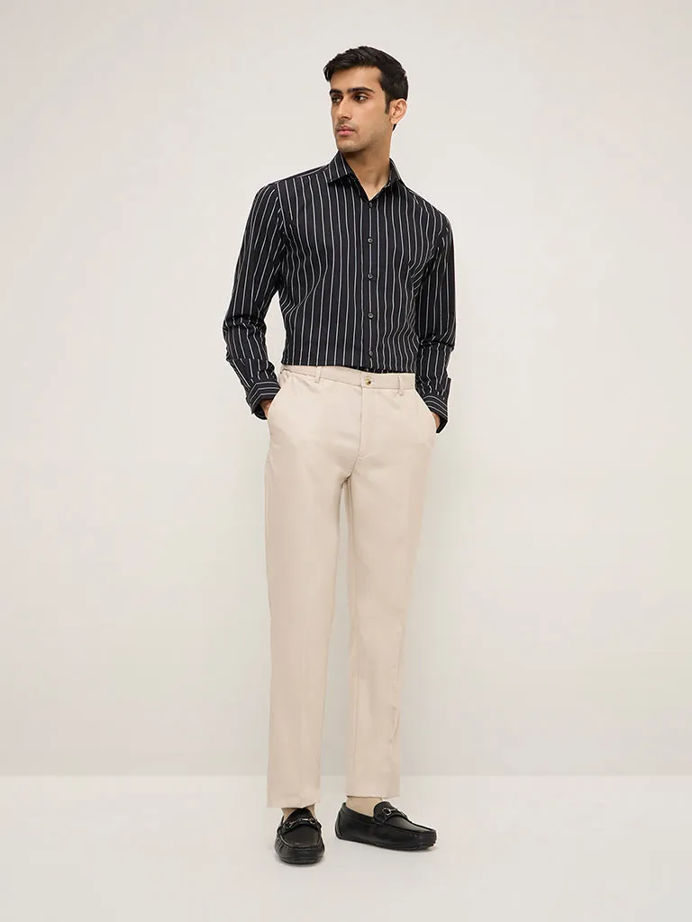 WES Formals Black Stripe Patterned Relaxed-Fit Cotton-Blend Shirt