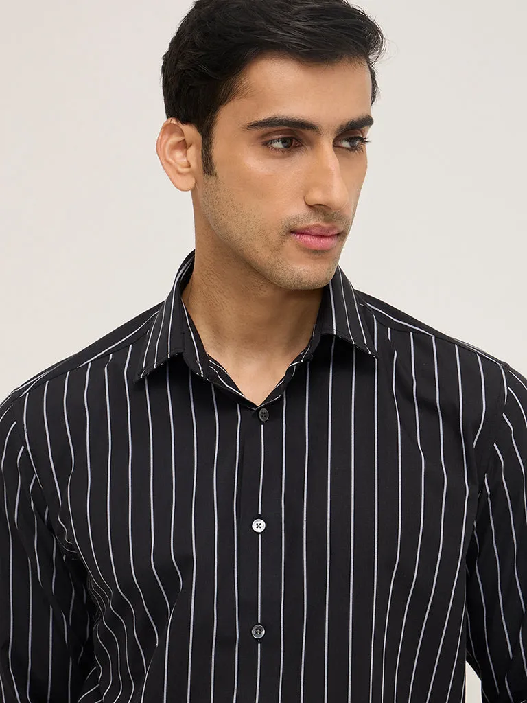 WES Formals Black Stripe Patterned Relaxed-Fit Cotton-Blend Shirt