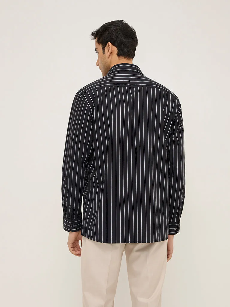 WES Formals Black Stripe Patterned Relaxed-Fit Cotton-Blend Shirt
