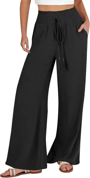 Wide Leg Linen Pants for Women Casual Drawstring Elastic High Waisted Paperbag Pants Lightweight Summer Beach Trousers