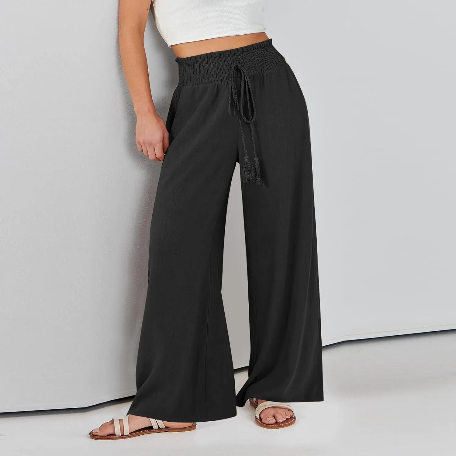 Wide Leg Linen Pants for Women Casual Drawstring Elastic High Waisted Paperbag Pants Lightweight Summer Beach Trousers