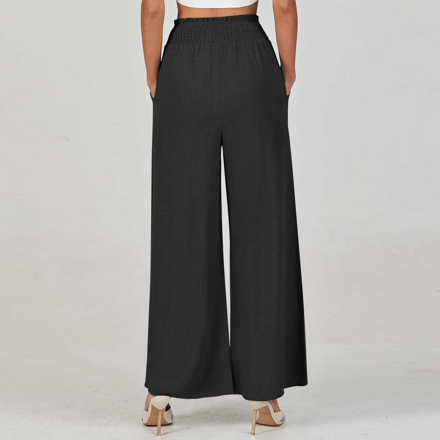 Wide Leg Linen Pants for Women Casual Drawstring Elastic High Waisted Paperbag Pants Lightweight Summer Beach Trousers