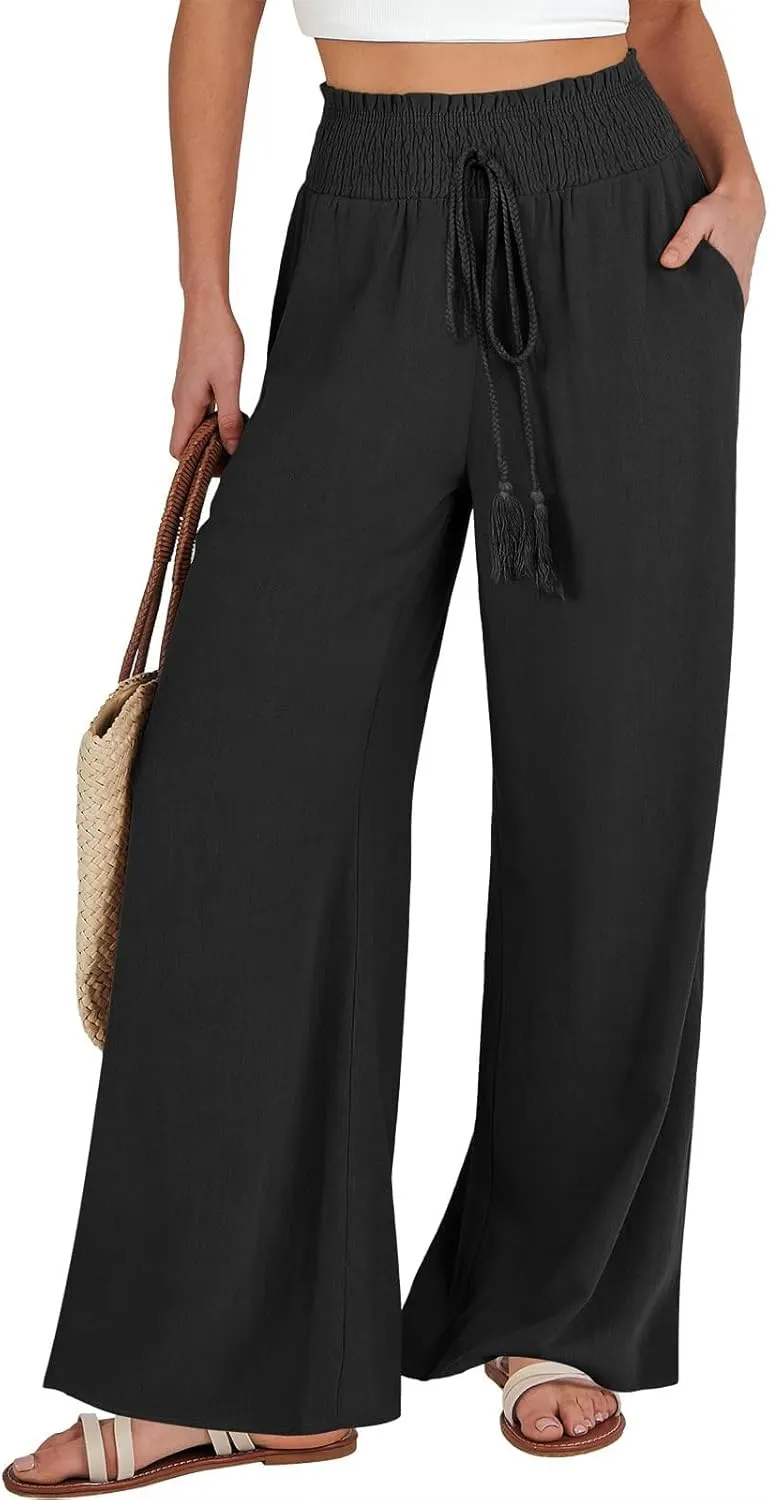 Wide Leg Linen Pants for Women Casual Drawstring Elastic High Waisted Paperbag Pants Lightweight Summer Beach Trousers