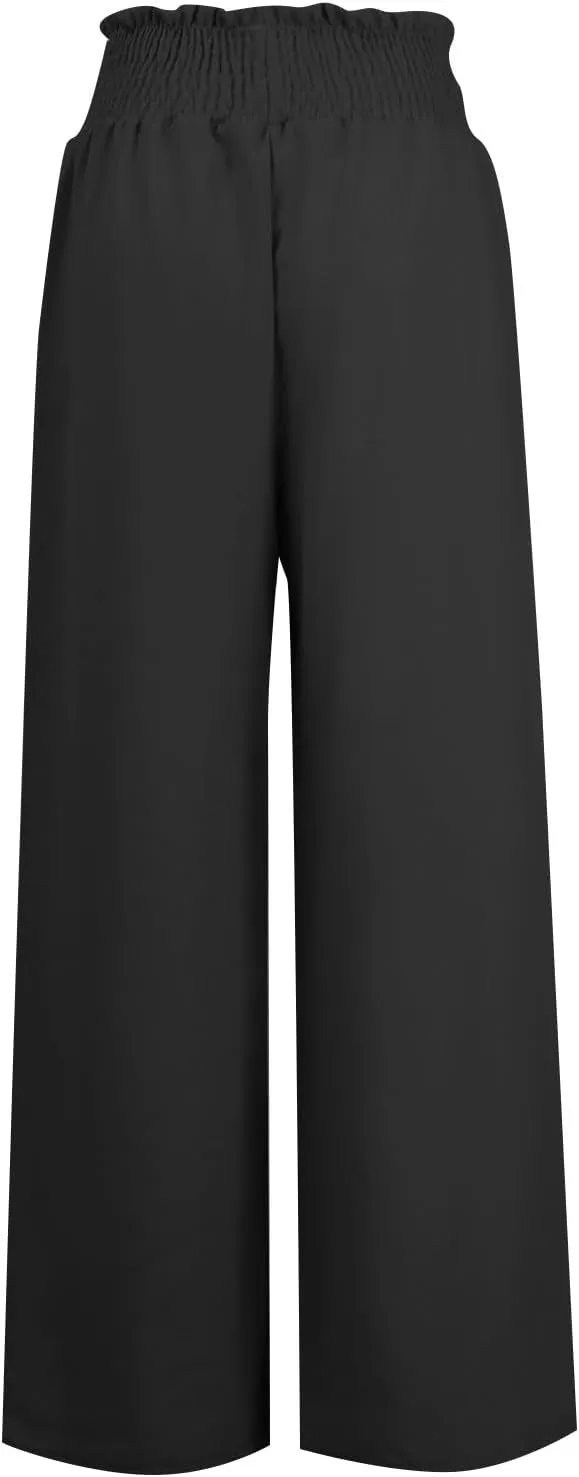 Wide Leg Linen Pants for Women Casual Drawstring Elastic High Waisted Paperbag Pants Lightweight Summer Beach Trousers