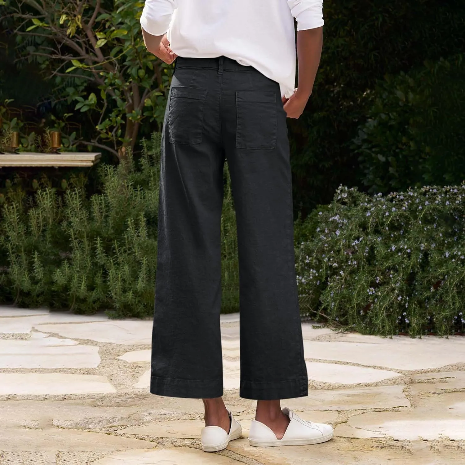 Wide Leg Linen Pants for Women Elastic High Waist Cropped Pants Lightweight Summer Business Casual Pants with Pockets