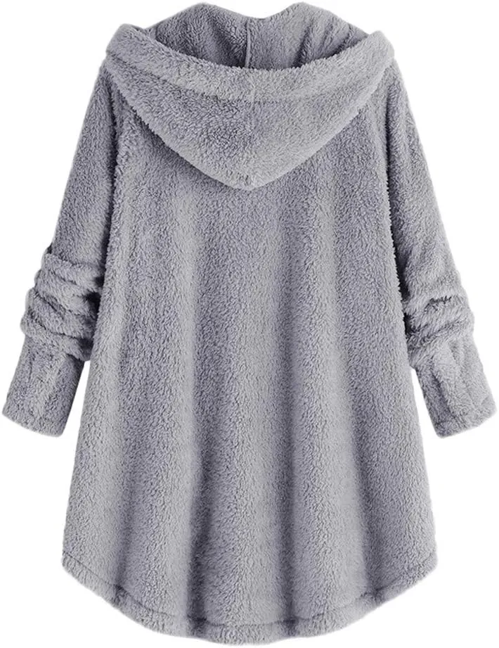 Winter Jackets for Women Fleece Button Jacket with Pockets Oversized Long Sherpa Hoodie Fuzzy Jacket Warm Teddy Coat