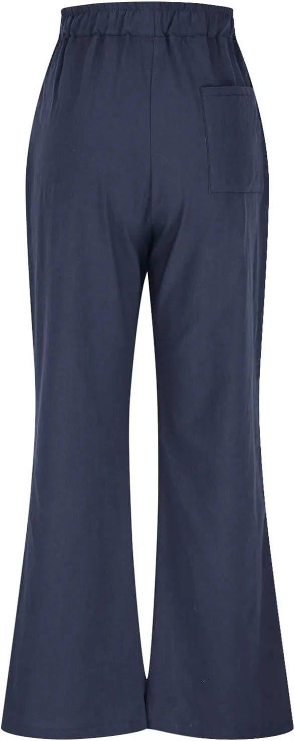 Women's Linen Pants with Pockets Summer 2025 Wide Leg High Waisted Trousers Breathable Lightweight Casual Pants