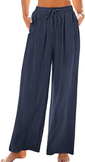 Women's Linen Pants with Pockets Summer 2025 Wide Leg High Waisted Trousers Breathable Lightweight Casual Pants