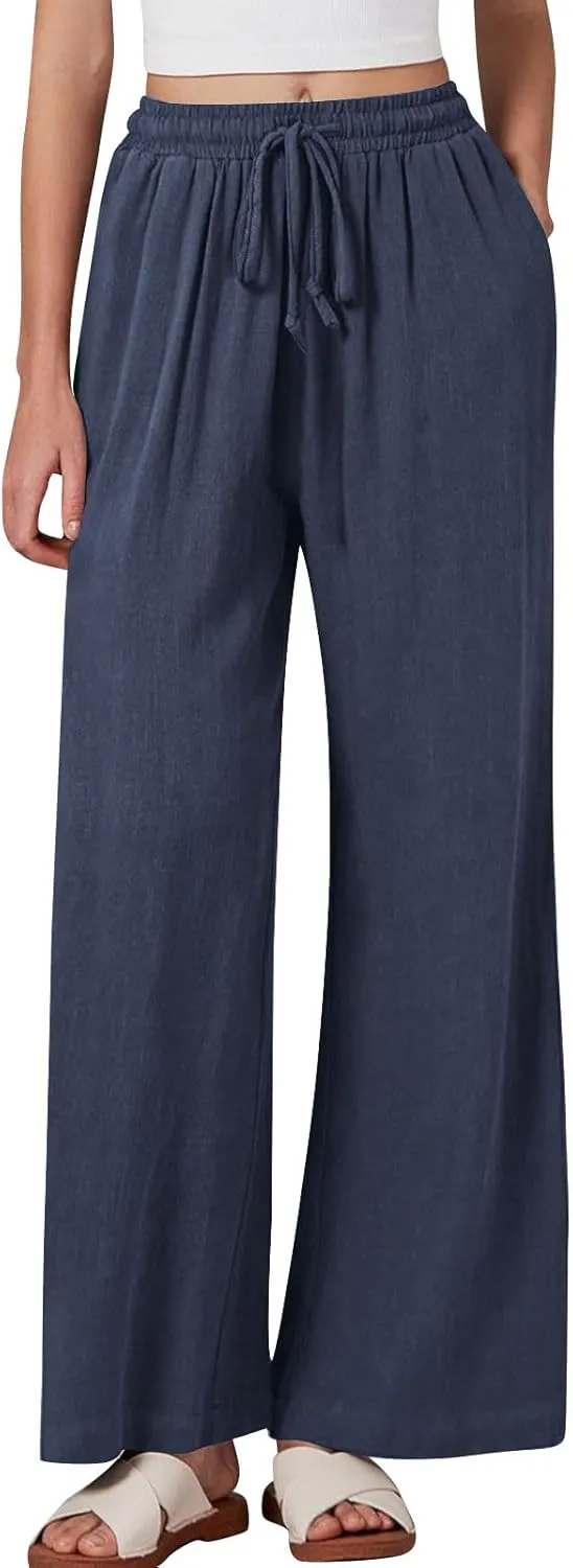 Women's Linen Pants with Pockets Summer 2025 Wide Leg High Waisted Trousers Breathable Lightweight Casual Pants