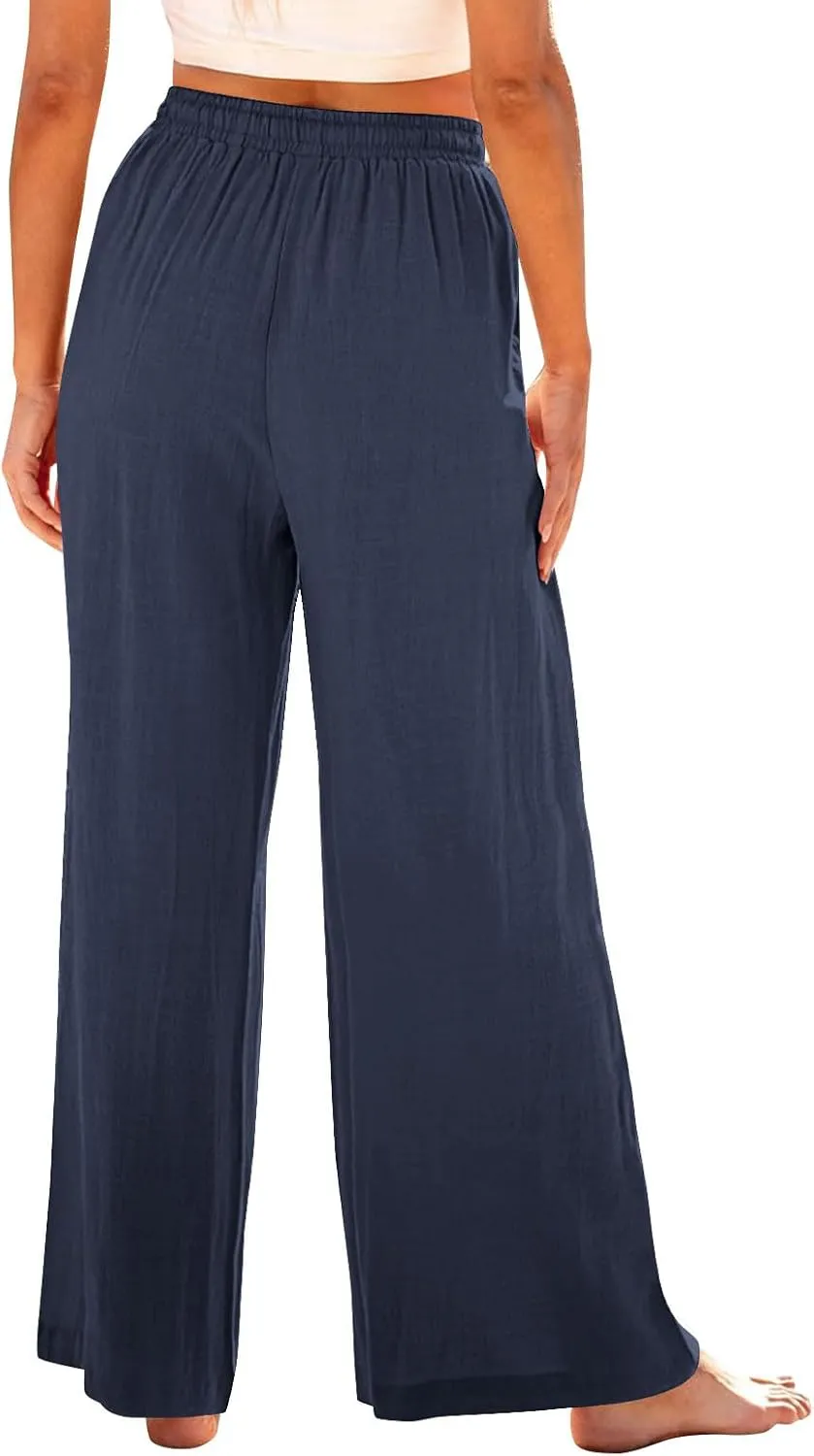 Women's Linen Pants with Pockets Summer 2025 Wide Leg High Waisted Trousers Breathable Lightweight Casual Pants