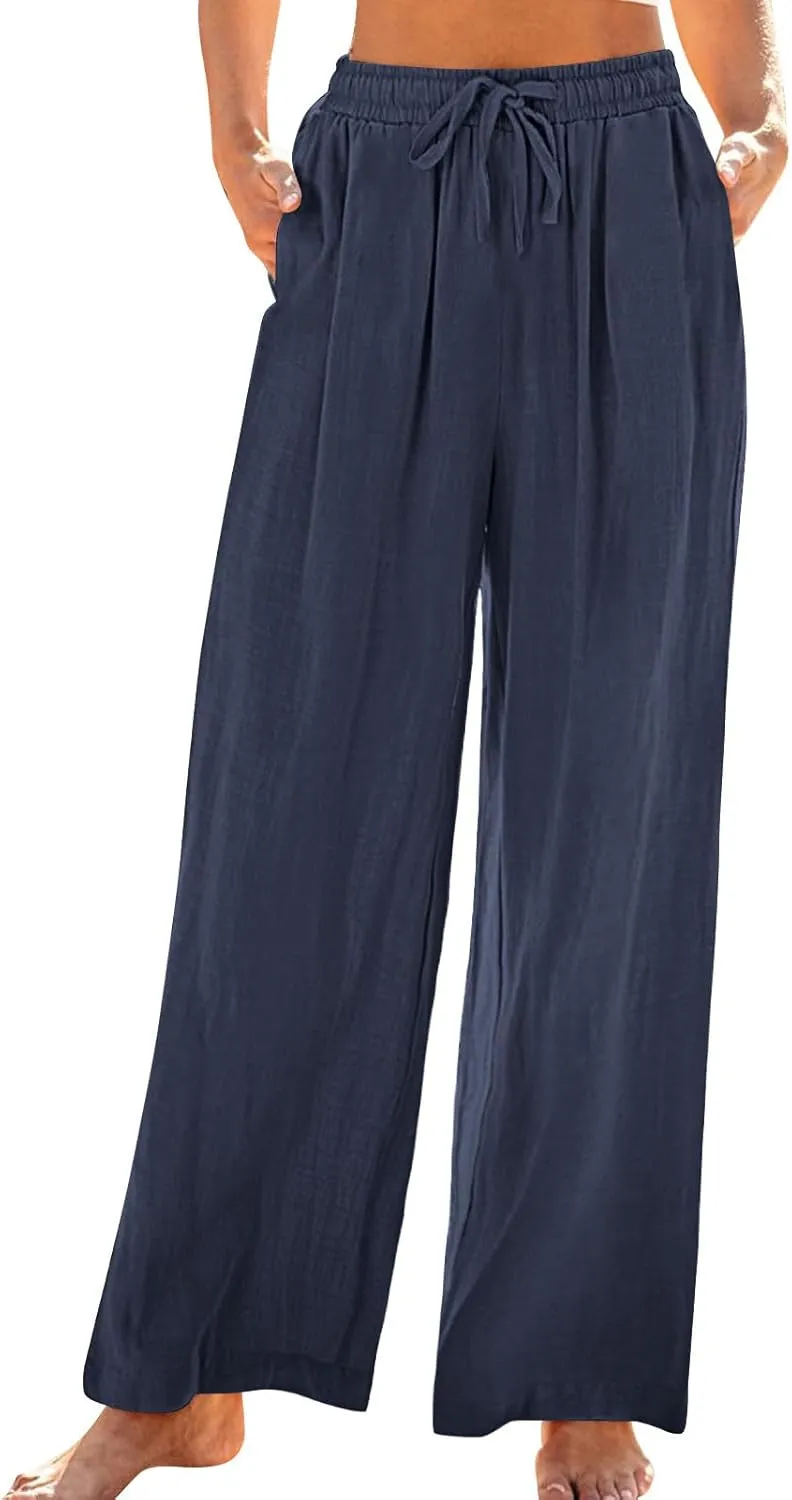 Women's Linen Pants with Pockets Summer 2025 Wide Leg High Waisted Trousers Breathable Lightweight Casual Pants