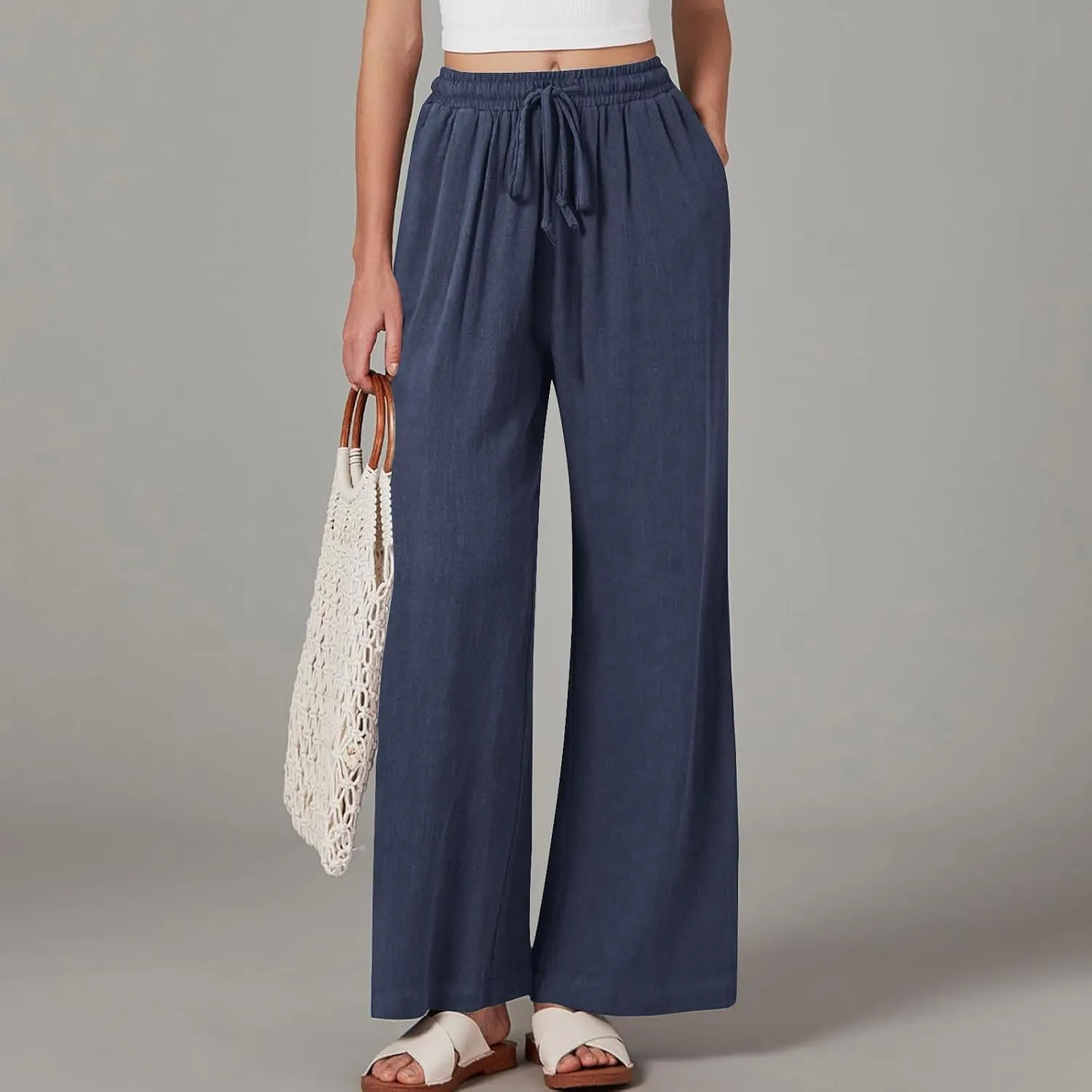 Women's Linen Pants with Pockets Summer 2025 Wide Leg High Waisted Trousers Breathable Lightweight Casual Pants