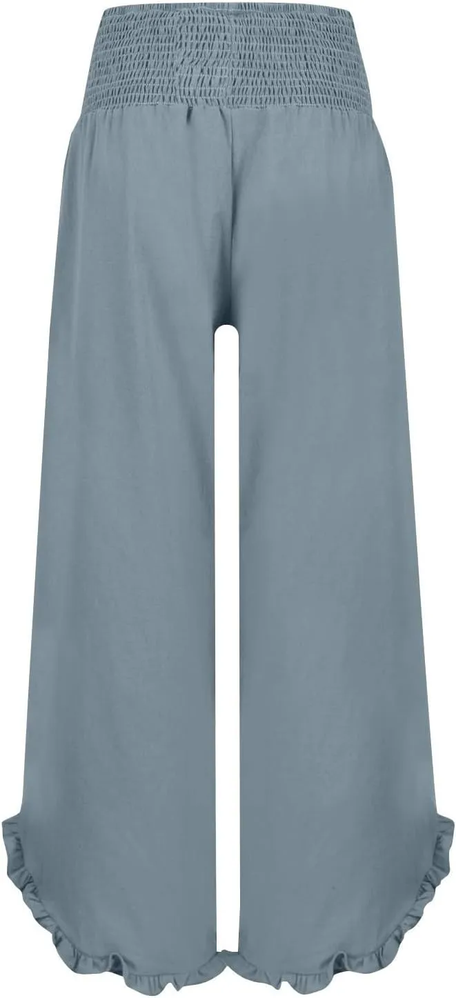 WomenS Linen Wide Leg Pants Flowy Smocked Waist Ruffle Hem Lightweight Summer Beach Vacation Trousers with Pockets