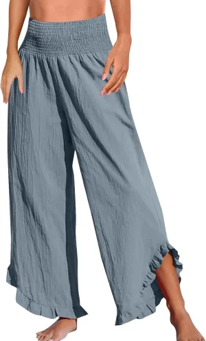 WomenS Linen Wide Leg Pants Flowy Smocked Waist Ruffle Hem Lightweight Summer Beach Vacation Trousers with Pockets