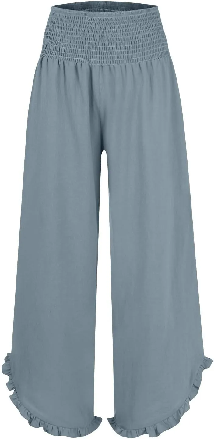 WomenS Linen Wide Leg Pants Flowy Smocked Waist Ruffle Hem Lightweight Summer Beach Vacation Trousers with Pockets