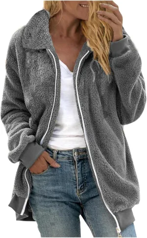 Womens Oversized Sherpa Jacket 2024 Fuzzy Fleece Lapel Coats Long Sleeve Zip Up Coat Outerwear Winter Warm Outfits