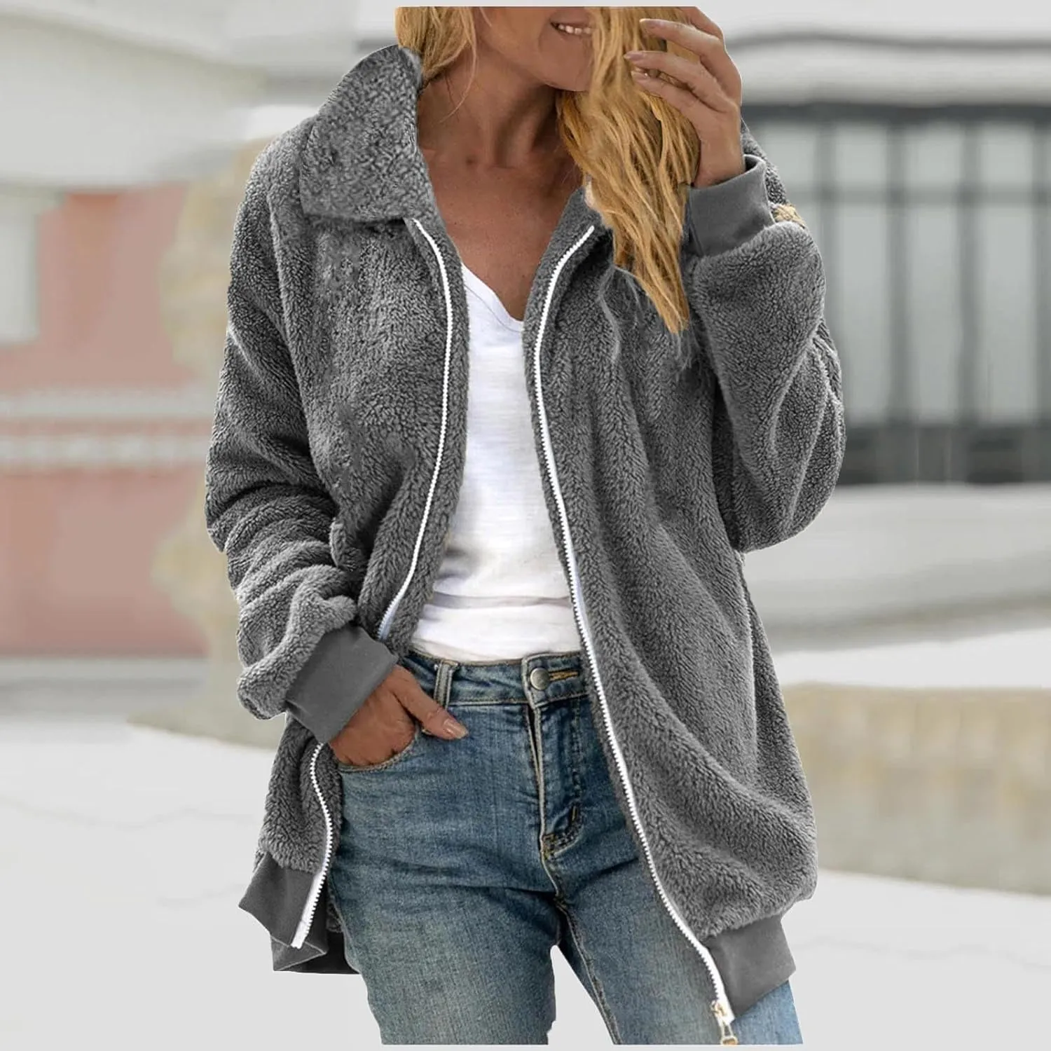 Womens Oversized Sherpa Jacket 2024 Fuzzy Fleece Lapel Coats Long Sleeve Zip Up Coat Outerwear Winter Warm Outfits