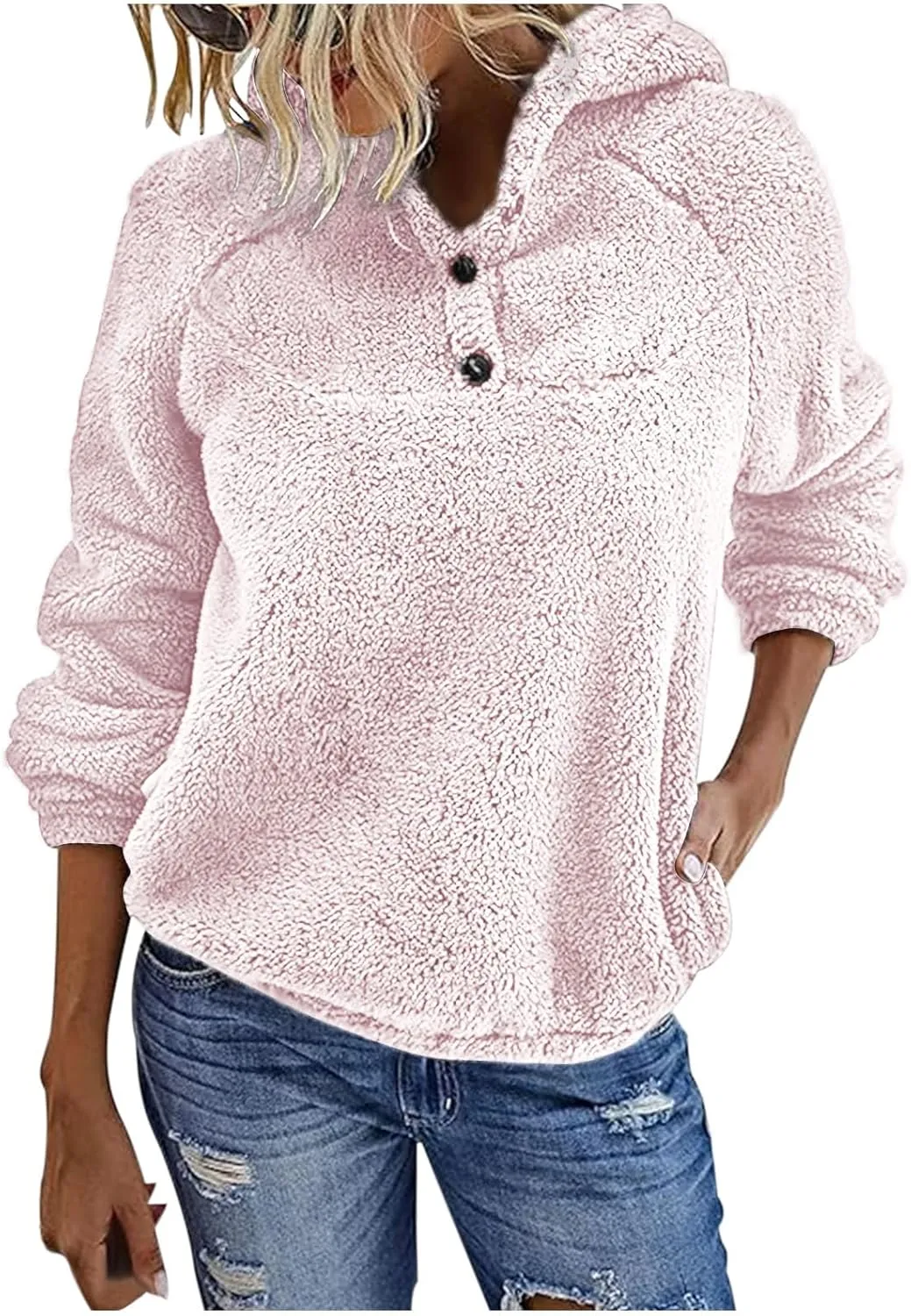 Womens Sherpa Fuzzy Pullover Hoodies Comfy Oversized Sweatshirts With Pockets Button Down Fuzzy Warm Sweaters Tops