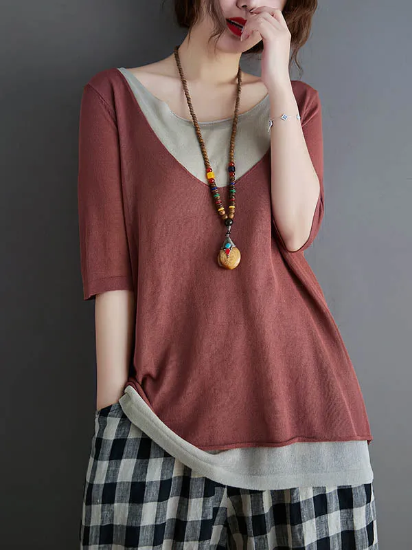xakxx Artistic False Two Loose Ramie Cotton Half Sleeve Shirt