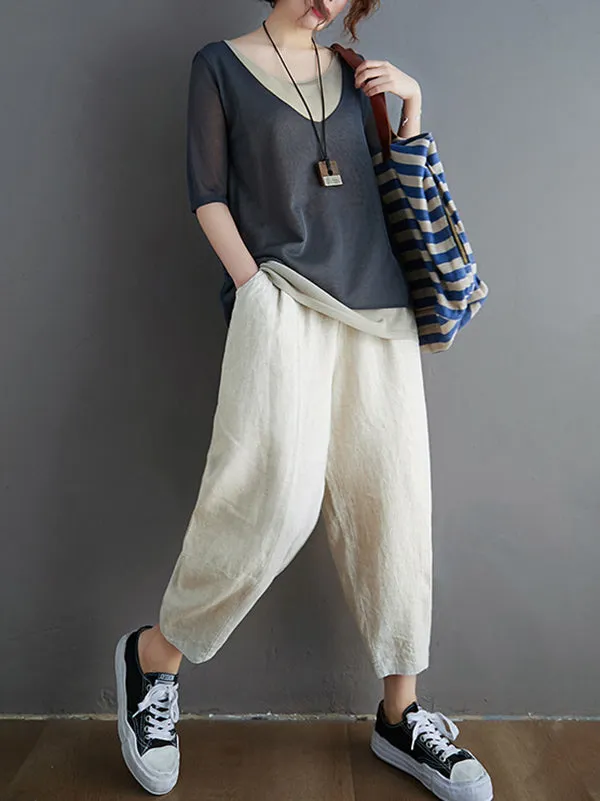 xakxx Artistic False Two Loose Ramie Cotton Half Sleeve Shirt